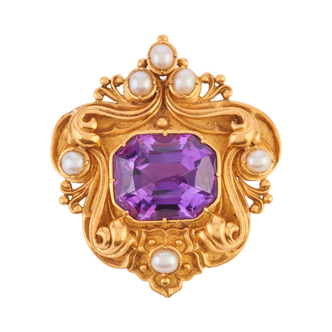 Victorian Amethyst, Half Pearl, 18k Yellow Gold Brooch: Victorian Amethyst, Half Pearl, 18k Yellow Gold Brooch. Featuring one radiant-cut amethyst weighing approximately 17.35 cts., accented by six half pearls, set in an 18k yellow gold scrolling motif mou