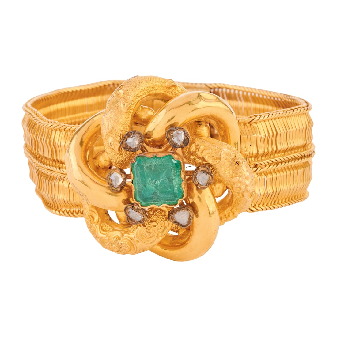Emerald, Diamond, 18k Yellow Gold Bracelet: Emerald, Diamond, 18k Yellow Gold Bracelet. Featuring one emerald-cut emerald measuring approximately 10.2 x 9.7 mm, accented by six rose-cut diamonds, set in an 18k yellow gold alternating embossed a