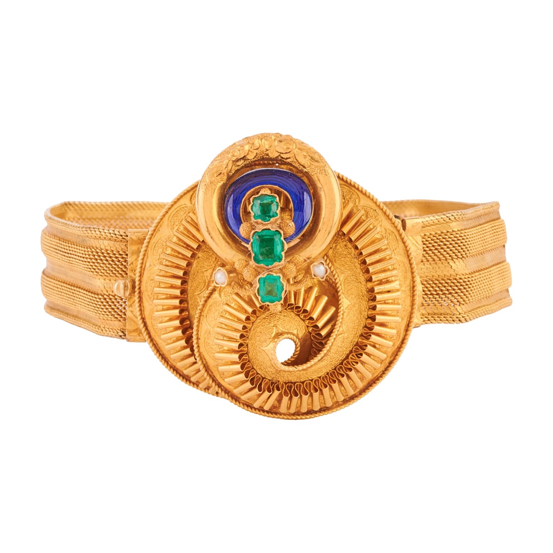 Victorian Emerald, Enamel, Seed Pearl, 15k Yellow Gold Bracelet: Victorian Emerald, Enamel, Seed Pearl, 15k Yellow Gold Bracelet. Featuring three cushion-cut emeralds, flanked by two seed pearls, accented by royal blue enamel, set in a 15k yellow gold circular moun