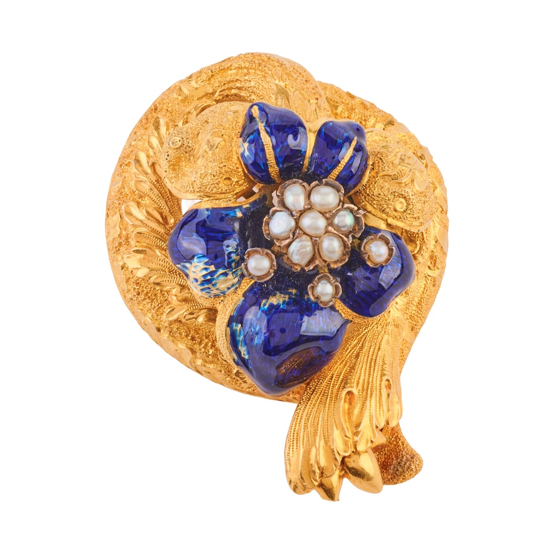 Victorian Half Pearl, Enamel, 14k Yellow Gold Brooch: Victorian Half Pearl, Enamel, 14k Yellow Gold Brooch. Featuring ten half pearls, accented by royal blue enamel, set in a hand engraved 14k yellow gold floral and scrolling motif mounting measuring app