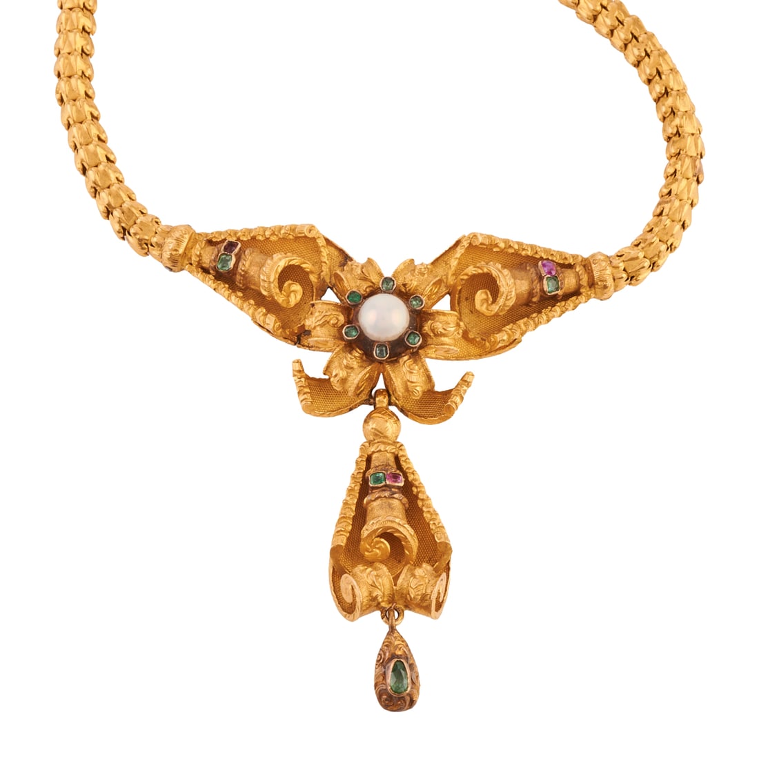 Victorian Pearl, Emerald, Pink Sapphire, 18k Yellow Gold Necklace: Victorian Pearl, Emerald, Pink Sapphire, 18k Yellow Gold Necklace. Centering one half pearl, accented by round, rectangular and pear-cut emeralds and pink sapphires, set in an 18k yellow gold mounting