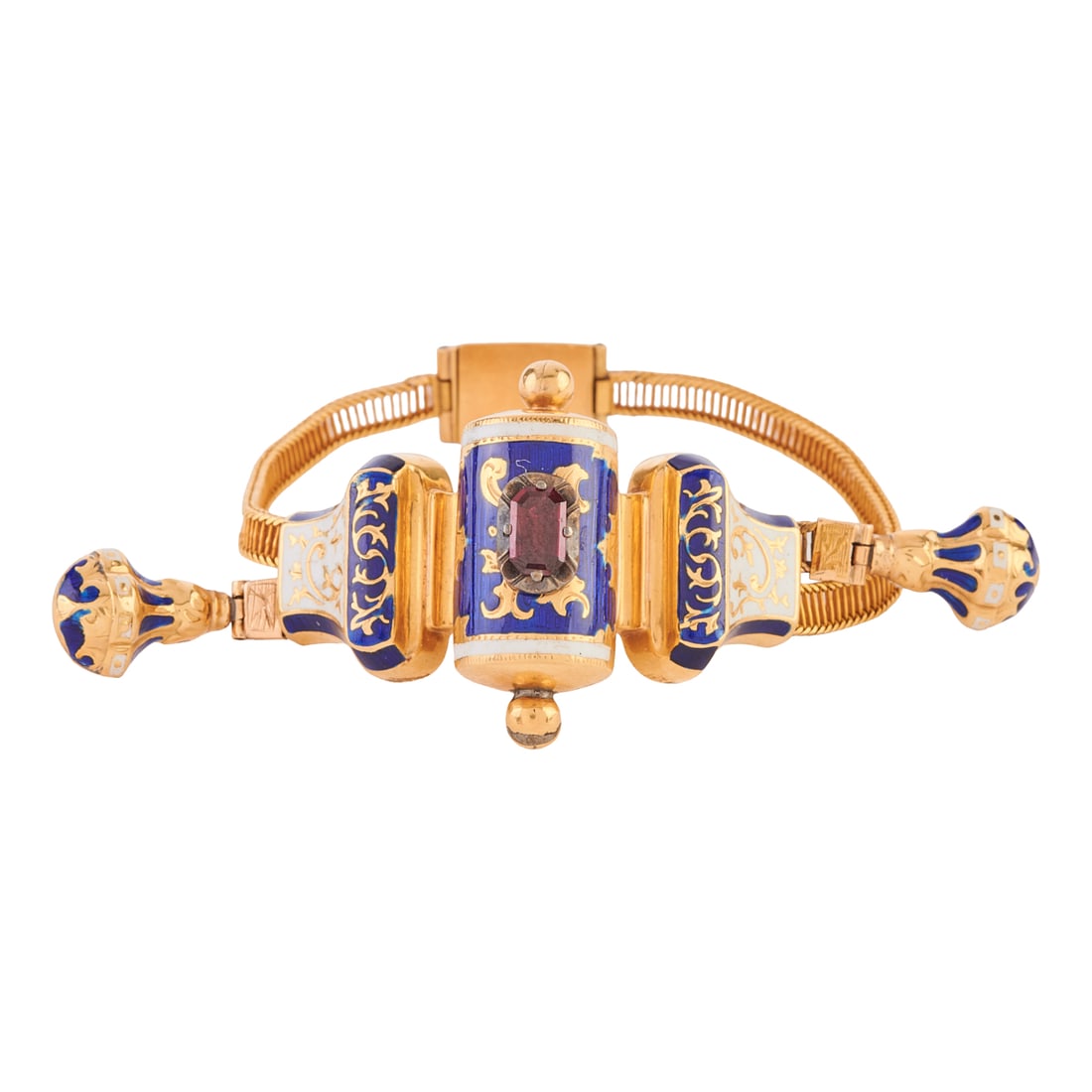 Victorian Garnet, Blue and White Enamel, 18k Yellow Gold Bracelet: Victorian Garnet, Blue and White Enamel, 18k Yellow Gold Bracelet. Centering one emerald-cut garnet, accented by royal blue and white enamel, set in an 18k yellow gold articulated slide mounting measu