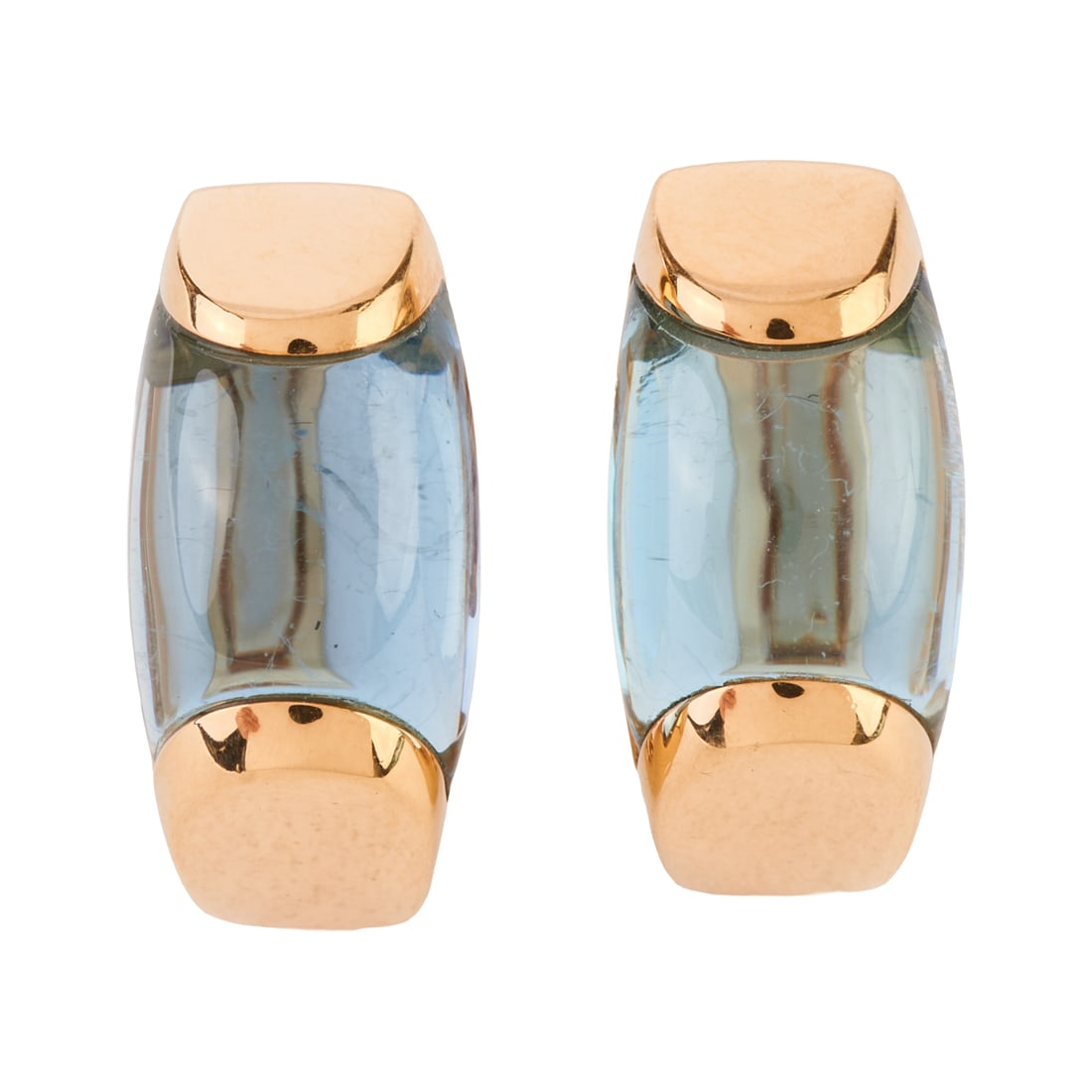 Pair of Bulgari Tronchetto Blue Topaz, 18k Yellow Gold Earrings: Pair of Bulgari Tronchetto Blue Topaz, 18k Yellow Gold Earrings. Each featuring one fancy-cut blue topaz cabochon, set in an 18k yellow gold mounting measuring approximately 21 x 9 mm. {Gross Weight: 