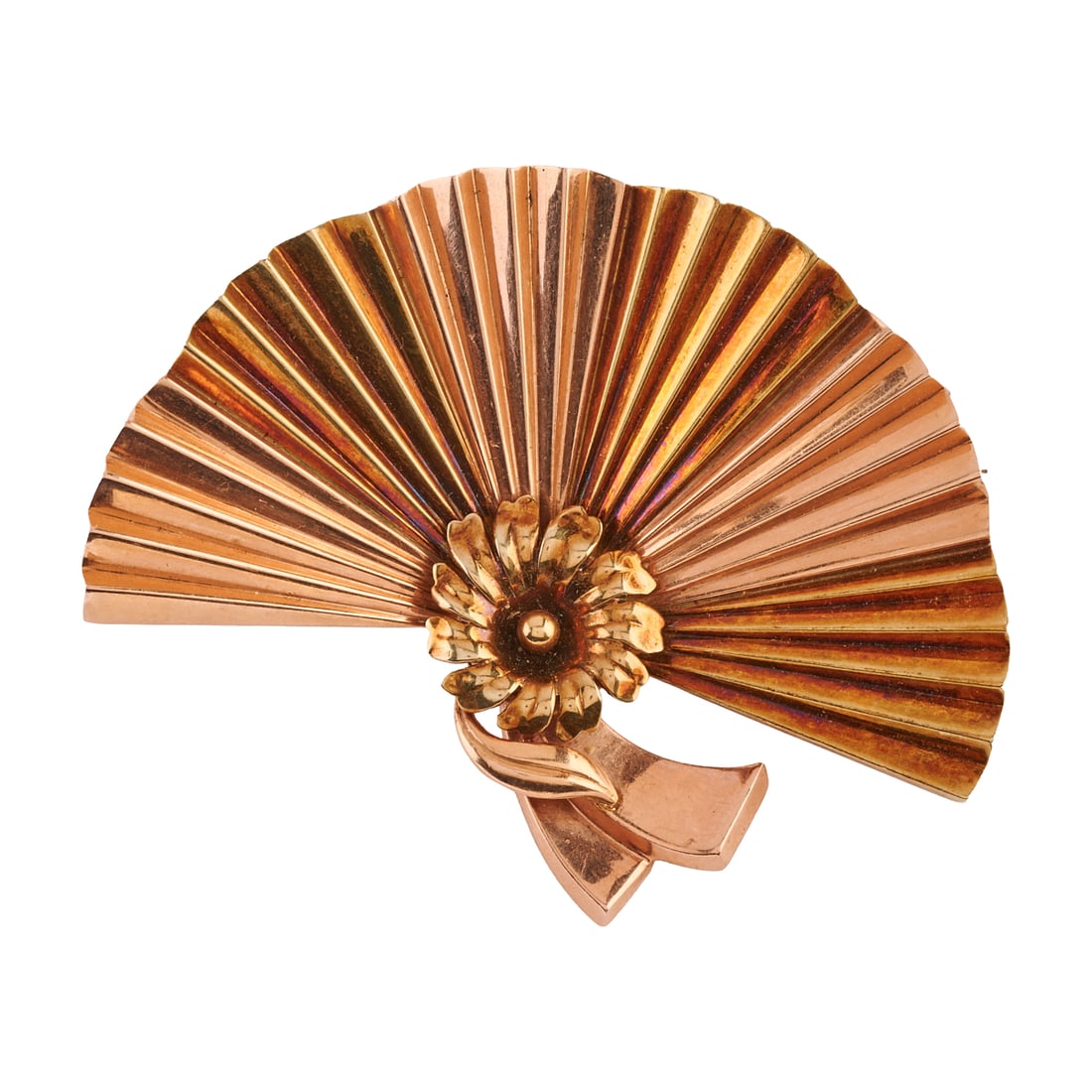 Retro Mossalone 14k Yellow and Rose Gold Brooch: Retro Mossalone 14k Yellow and Rose Gold Brooch. The 14k yellow and rose gold fan motif brooch measuring approximately 60 x 75 mm. {Gross Weight: 19.5 dwts}