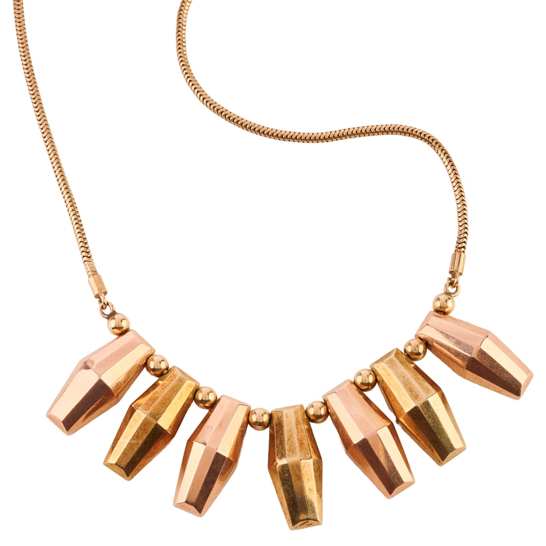 Retro Mossalone 14k Yellow and Rose Gold Necklace: Retro Mossalone 14k Yellow and Rose Gold Necklace. The 14k yellow and rose gold double conical shaped pendants measuring approximately 22 mm in length, interspersed by round 14k yellow gold beads,
