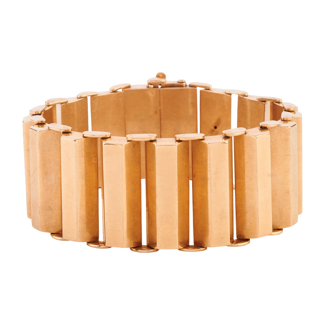 Retro Mossalone 14k Yellow Gold Bracelet: Retro Mossalone 14k Yellow Gold Bracelet. The 14k yellow gold brick links measuring approximately 27 mm in width, completed by a double tongue and groove clasp with hook safety, forming a 7 1/2 inch