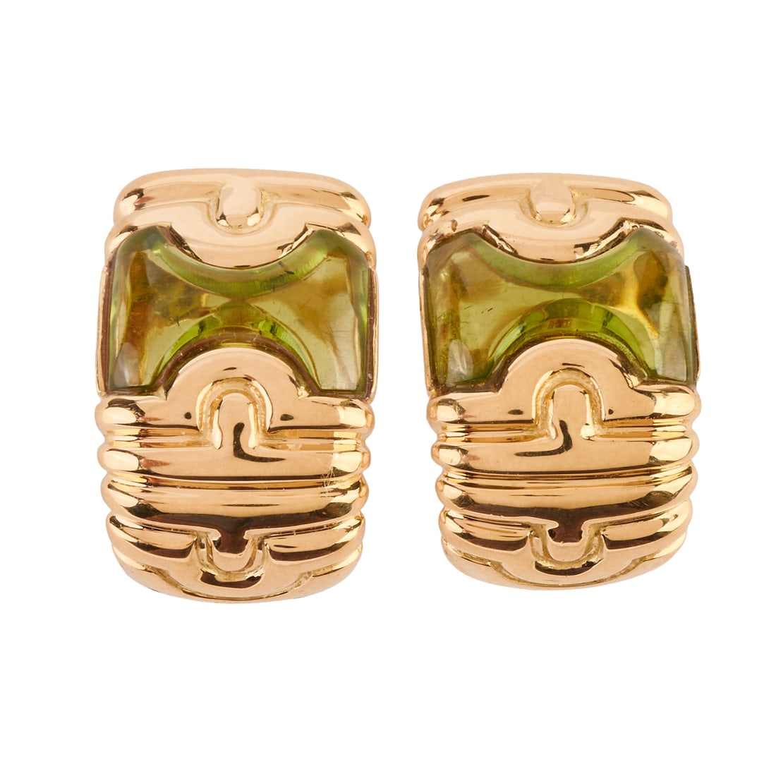 Pair of Bulgari Parentesi Peridot, 18k Yellow Gold Earrings: Pair of Bulgari Parentesi Peridot, 18k Yellow Gold Earrings. Each featuring one fancy-cut peridot cabochon, set in an 18k yellow gold parentesi motif mounting measuring approximately 21 x 14 mm.