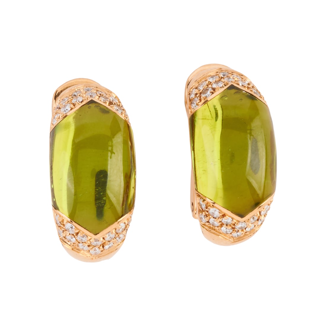 Pair of Bulgari Peridot, Diamond, 18k Yellow Gold Earrings: Pair of Bulgari Peridot, Diamond, 18k Yellow Gold Earrings. Each featuring one fancy-cut peridot cabochon, accented by twenty-eight full-cut diamonds weighing a total of approximately 0.40 cttw., set