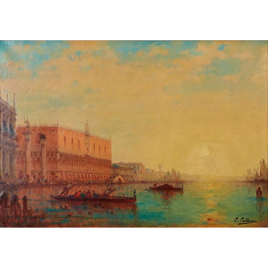 Charles-Clement Calderon, Doge's Palace, Oil on Canvas: Charles-Clement Calderon (French, 1870-1906), Doge's Palace from the Grand Canal, oil on canvas, [approximate dimensions - sight: 17 3/8" H x 24 7/8" W],signed 'C. Calderon' lower right.