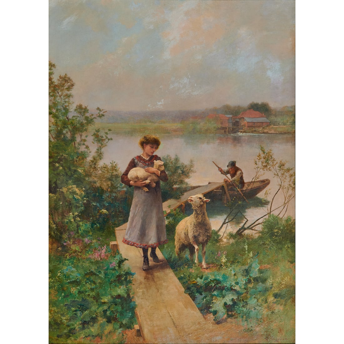 Luigi Chialiva, Young Lady with a Lamb, Oil on Board: Luigi Chialiva (Swiss, 1842-1914), Young Lady with a Lamb, oil on board, approximate dimensions - sight:28 3/4" H x 20 1/2" W], signed 'L. Chialiva' lower right.