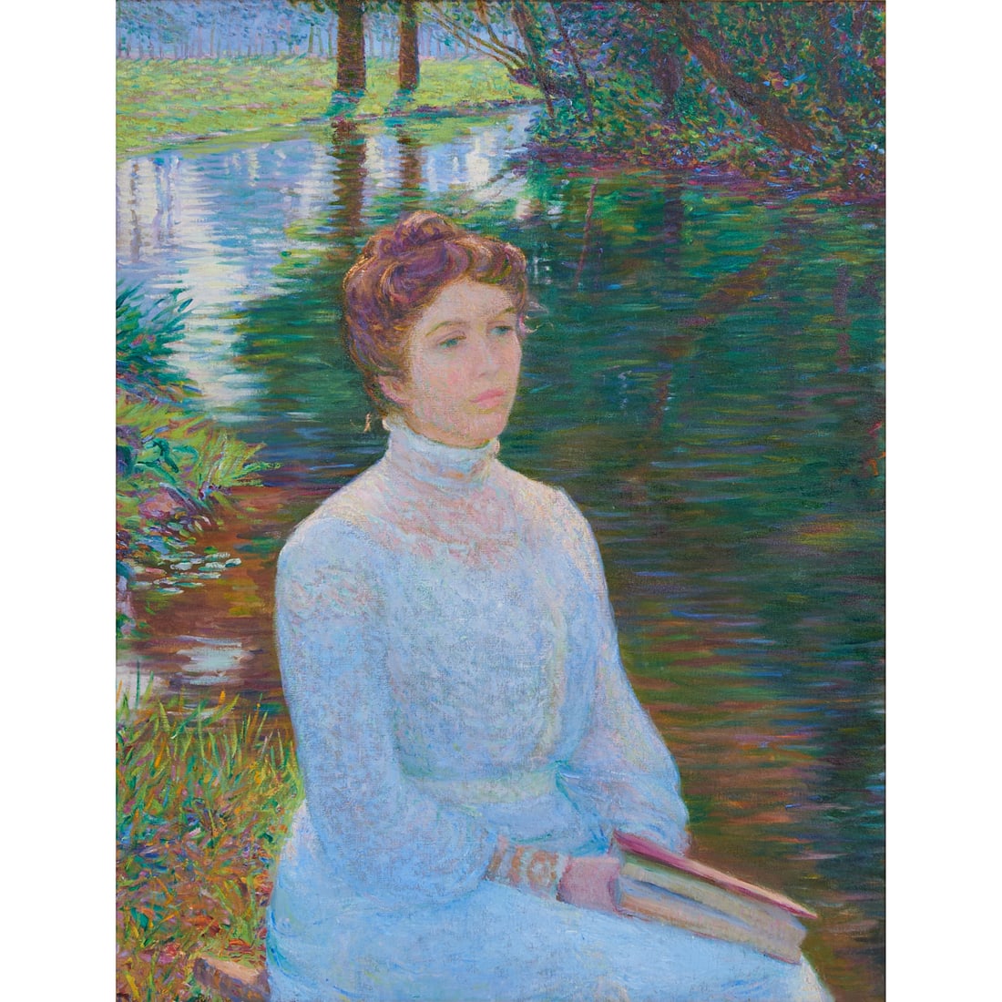 Lilla Cabot Perry, Contemplation, Oil on Canvas: Lilla Cabot Perry (American,1848-1933), Contemplation, 1891, oil on canvas, [approximate dimensions - sight: 45" H x 341/4" W, canvas: 46" H x 35 1/4" W], unsigned. At verso: inscribed on stretcher