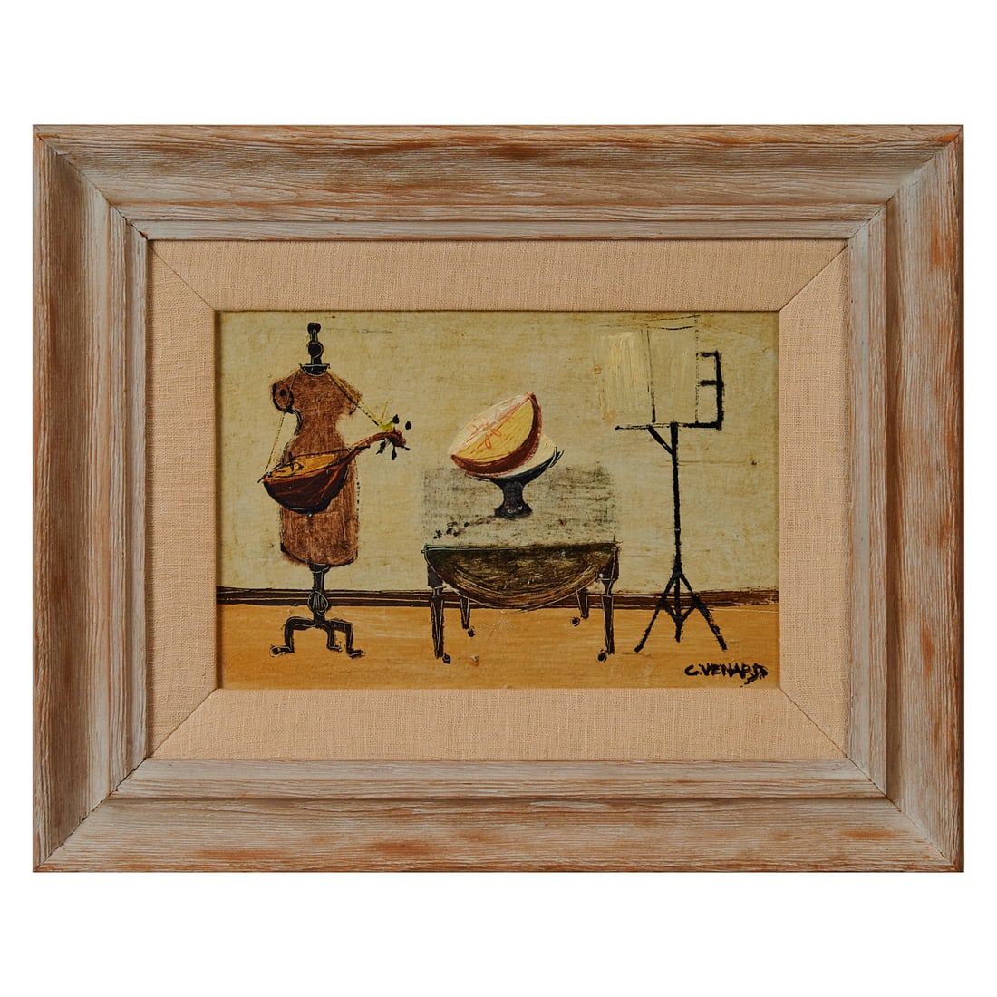 Claude Venard, La Mandeline, Oil on Board: Claude Venard (French, 1913-1999), "La Mandeline," oil on board, [approximate dimensions - sight: 7 1/2" H x 11 3/8" W], signed 'C. Venard' at lower right; James Vigeveno Galleries and The Lefevre Gal