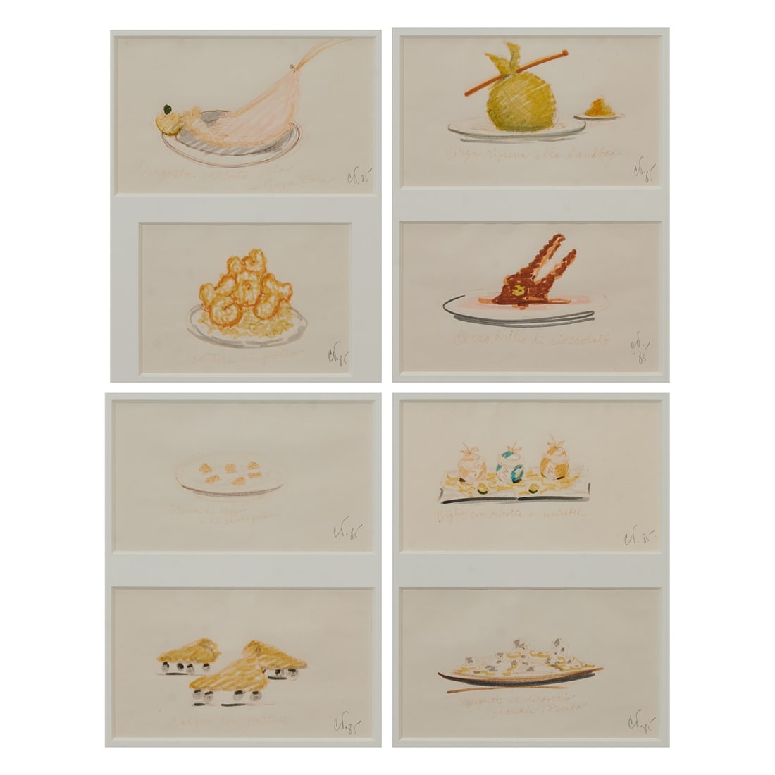 Claes Oldenburg, Menu from II Corso del Coltello, Eight Drawings: Claes Oldenburg (American, 1929-2022),eight drawingsfor theMenu fromII Corso del Coltello,1985, each drawing titles: 'Aragosta Vellata alla Sleazy Dora,' 'Lettere di Pollo,' 'Crema di Tappeo e di