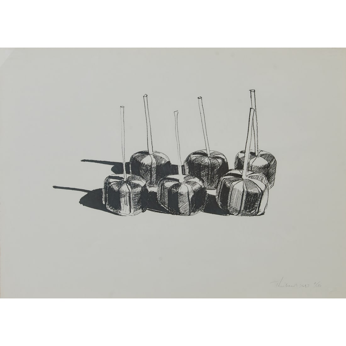 Wayne Thiebaud, Candy Apples, Lithograph: Wayne Thiebaud(American, 1920-2021),Candy Apples, lithograph, [approximate dimensions - sheet: 16" H x 22" W], signed'Thiebaud,' inscribed'state I,' and numbered 2/150 at lower right; Printer: