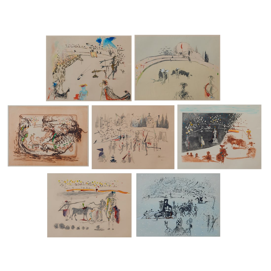 Salvador Dali, Tauromachie Surrealiste, Suite of Seven: Salvador Dali (Spanish, 1904-1989),Tauromachie Surrealiste (Bullfight III), 1966-1967, series of seven etchings and aquatints with hand-coloring onArches paper; series includes a) La Girafe En Feu,