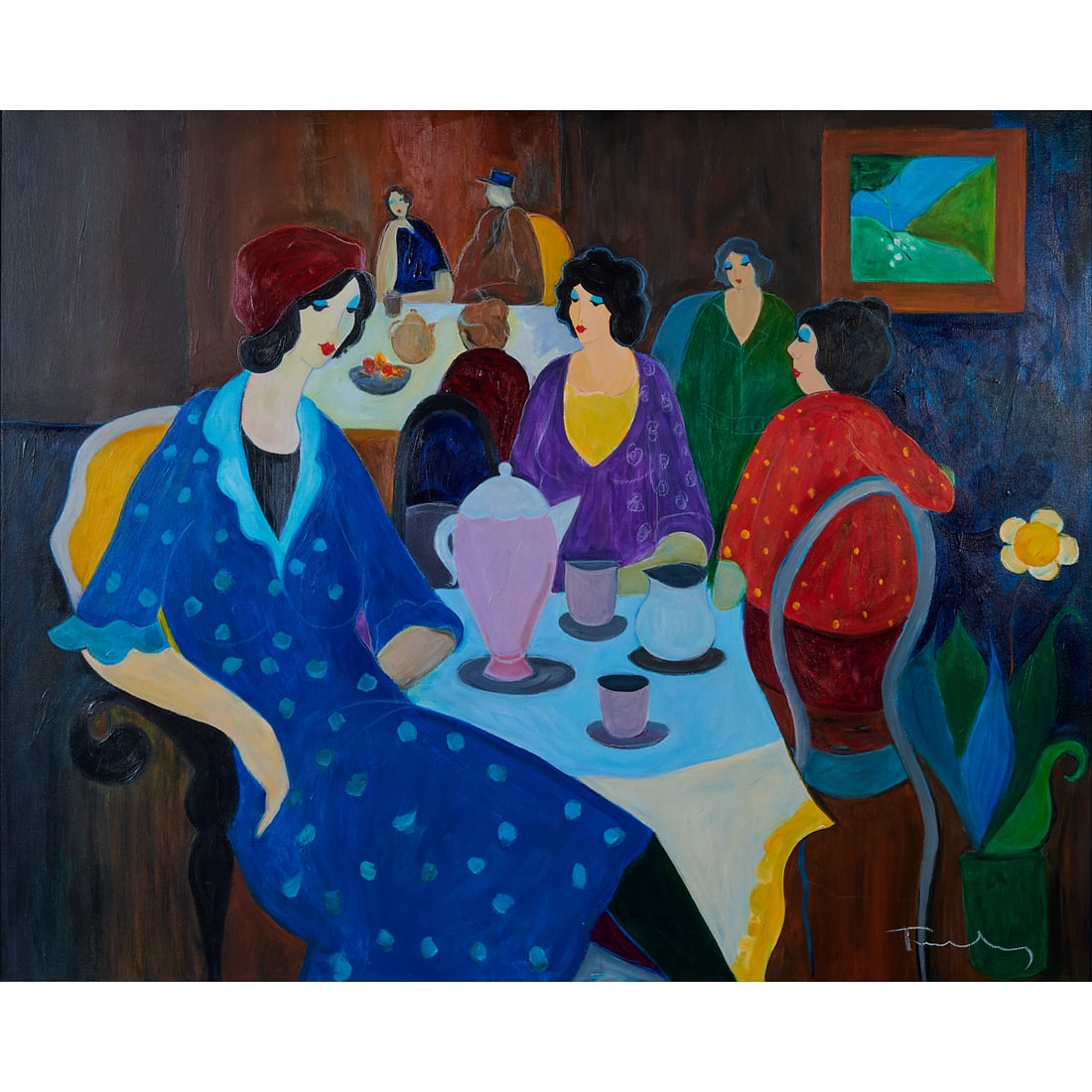 Itzchak Tarkay, Two Women in a Restaurant, Oil on Canvas: Itzchak Tarkay (Israeli, 1935-2012),Two Women ina Restaurant, oil on canvas, [approximate dimensions - sight: 31 1/2" H x 39 3/8" W], signed lower right, 'Tarkay'.