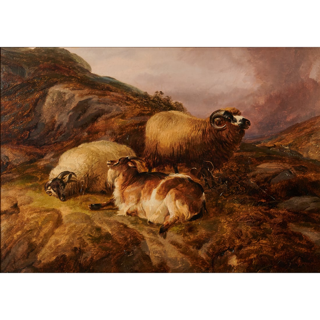 Thomas Sidney Cooper, Landscape with Sheep, Oil on Board: Thomas Sidney Cooper (British, 1803-1902), Landscape with Sheep, Welsh Hillside, 1853, oil on board, [approximate dimensions - sight: 19 1/4" H x 27 1/4" W], signed and dated at low center. Notes: