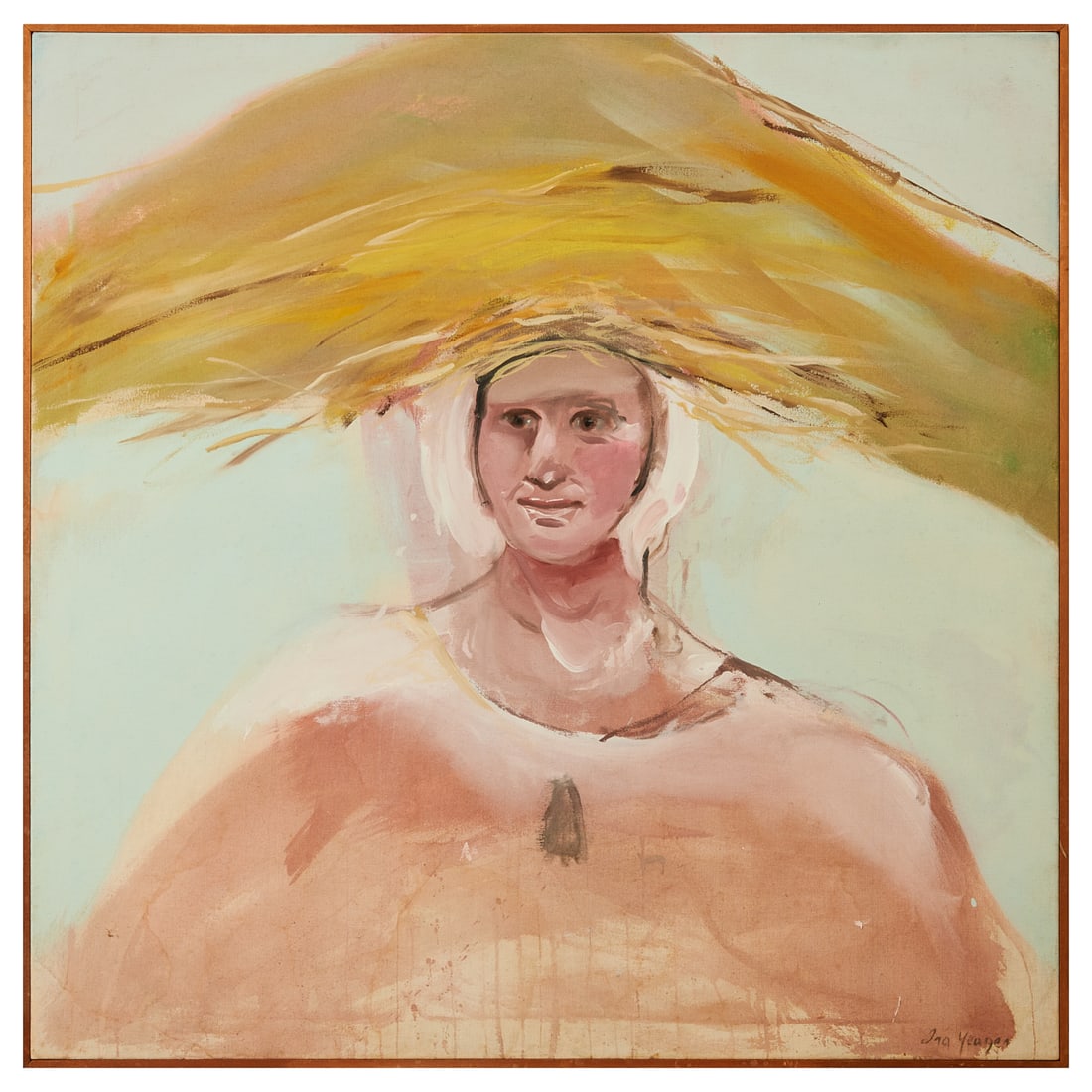 Ira Yeager, Woman with Straw Hat, Oil on Canvas: Ira Yeager (American, 1938 - 2022), Woman withStraw Hat, oil on canvas, [approximate dimensions - canvas: 35 1/2" H x 35 1/2" W], signed 'Ira Yeager' at lower right.