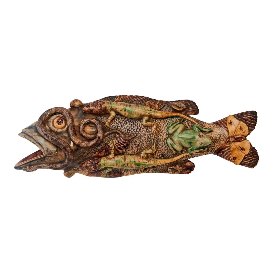 Palissy Style Majolica Model of a Fish: Palissy Style Majolica Model of a Fish, of large scale, modelled with two lizards, life size frogs, snakes, and a moth, as well as a snake wrapped around its eye, painted in soft blues, greens,