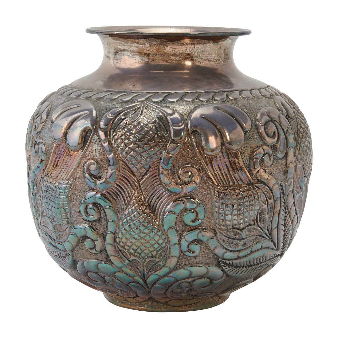 Peruvian Sterling Silver Vase: Peruvian Sterling Silver Vase, Art Deco style design chased and repousse with bold foliate and scroll design to body, the everted mouth over waisted neck, swelling to shoulder, on short foot.