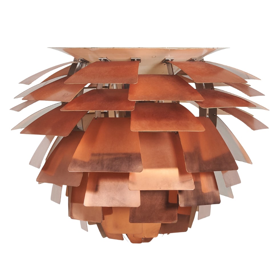 Poul Henningsen Artichoke Pendant: Poul Henningsen Artichoke Pendant in original crate, the medium size light fixtures, made with 72 leaves in copper, on six steel arches.In original crate, purchased 1972, and never installed.Poul