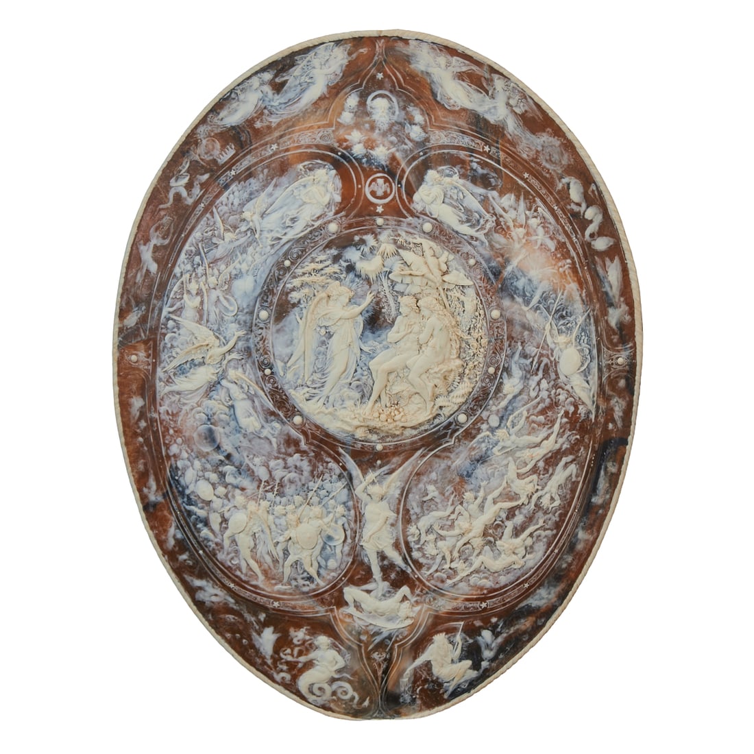 Milton Shield, A Large, Decorative Cast Composite Stone Wall Mounted Shield: Milton Shield, of cast composite stone. The primary surface of mock boulle, above which sit the cameo style paired figures after Paradise Lost, centering Adam and Eve after Raphael. The original