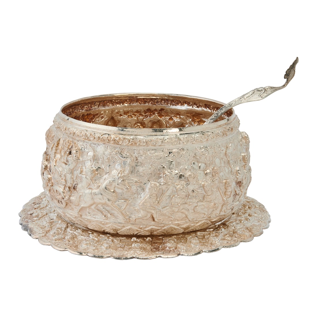 Thai Sterling Silver Chased and Repoussse Bowl Stand and Ladle: Thai Sterling Silver Chased and Repousse Punch Bowl, Stand and Ladle, the sides and rims chased and repousse with Chinoiserie motifs. Bowl and stand marked to the underside with 925, and unclear