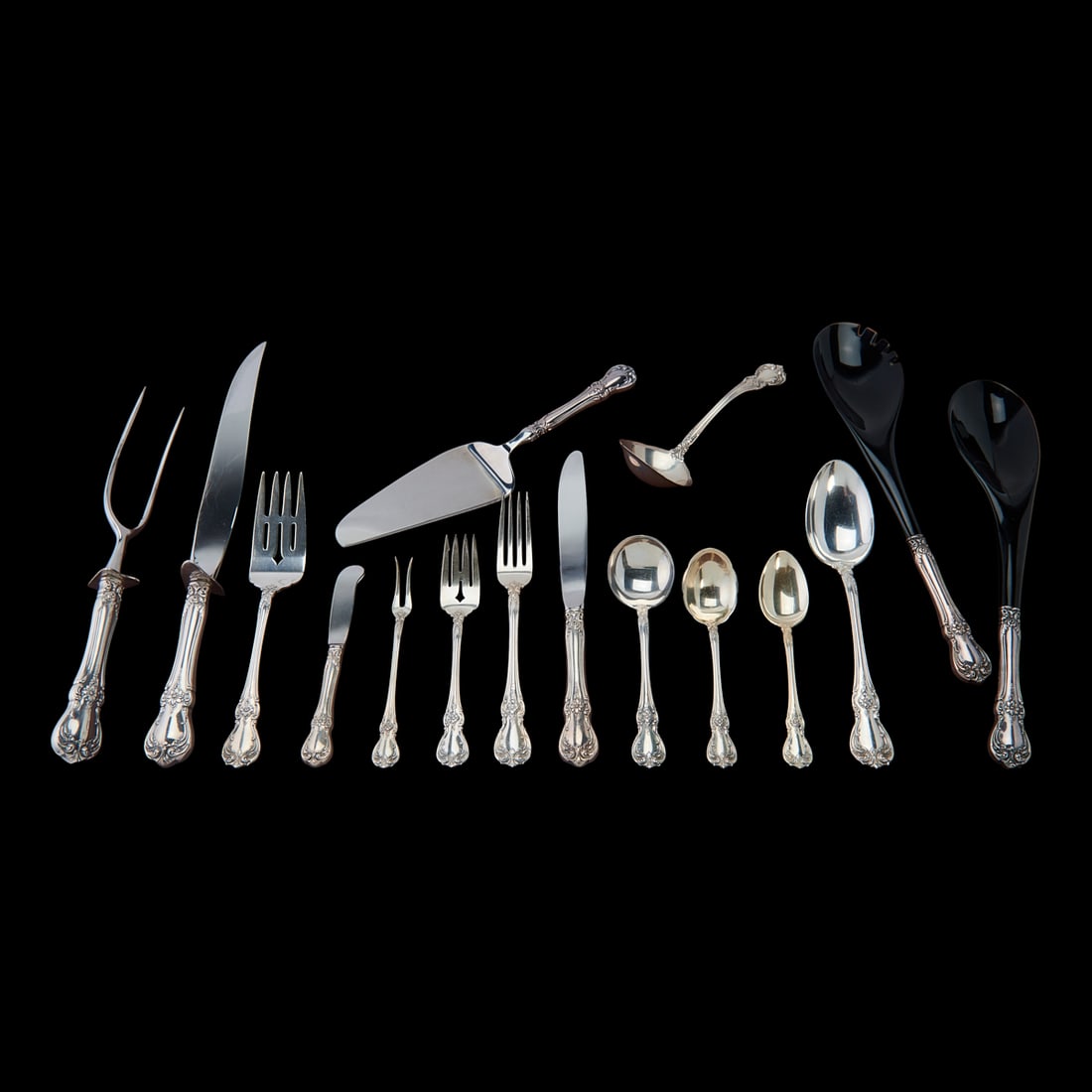 Towle Sterling Silver Old Master Pattern Flatware Service: Towle Sterling Silver Old Master Pattern Flatware Service, comprising: 12 dinner knives, 9 5/8"L., 12butter knives, 5 7/8"L., 12 dinner forks, 7 3/4"L., 12 dessert or salad forks, 6 3/8"L., 1 canape f