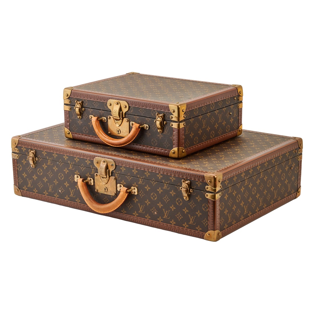 Two Louis Vuitton Cases: Two Louis Vuitton Cases, comprising Louis Vuitton Cotteville 40 and Bisten 70 Monogram Trunk Hard Body Suitcases, with monogram canvas, monogram leather trim, brass hardware, and taupe lined interiors