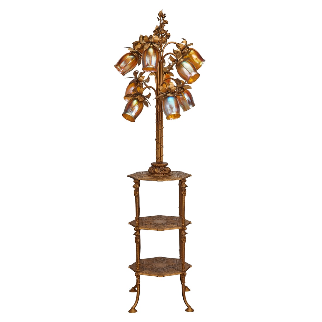 Three Tier Bronze Lamp Table with Ten Tiffany Studios Favrile Glass Shades (1 of 7)