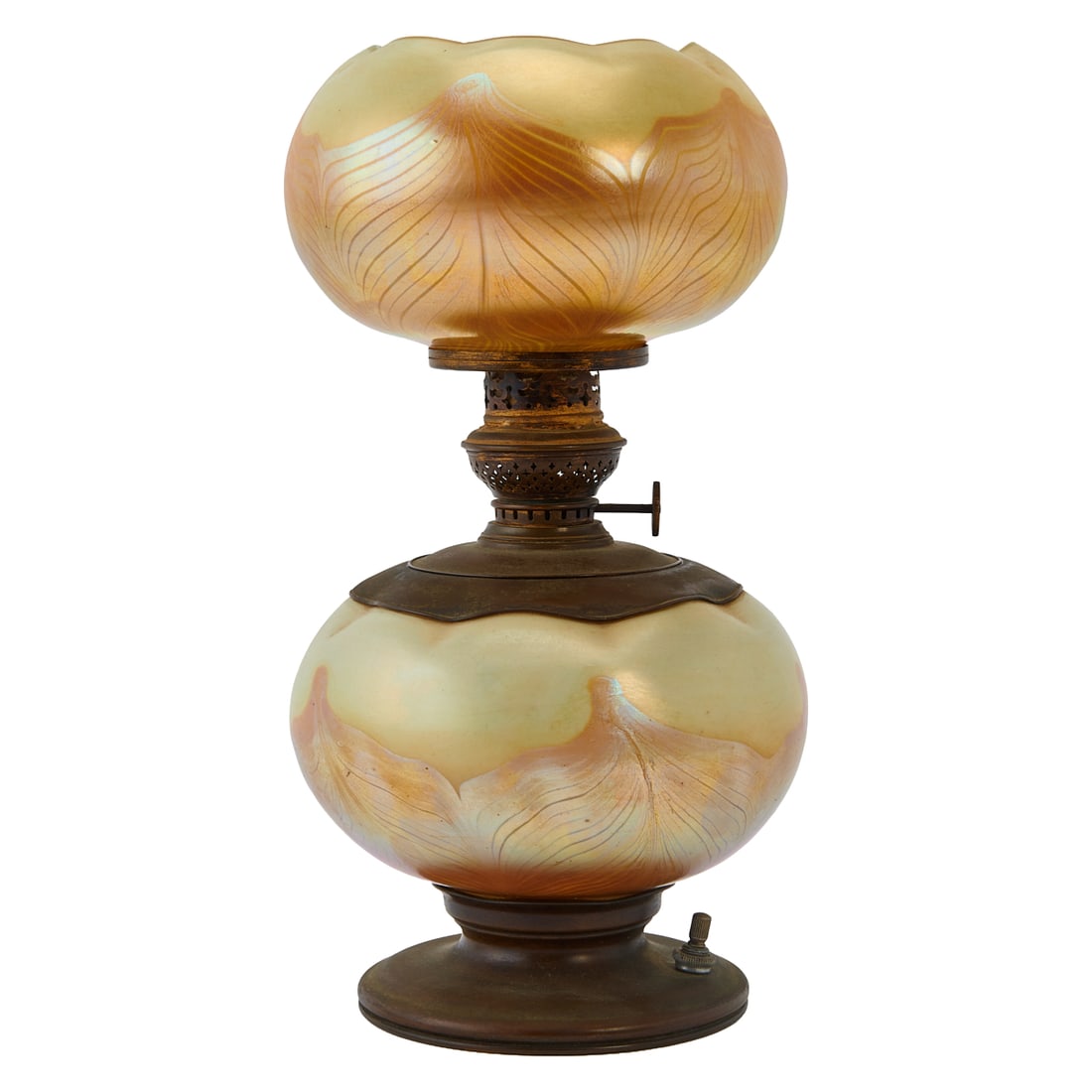Tiffany Studios Favrile Glass and Patinated Bronze Oil Lamp: Tiffany Studios Favrile Glass and Patinated Bronze Oil Lamp, thefavrile glass shade and body with pulled feather design in green to gold and yellow white, with bulbous bronze base and collar.