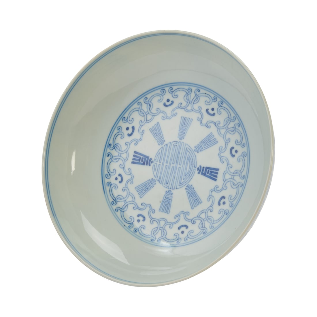 Qianlong “Longevity and Honeysuckle" Dish: A Fine Qing Dynasty Blue and White "Longevity and Honeysuckle" Dish?Qianlong MarkThe dish is sturdily potted with a broad, open mouth, gently rounded sides, and a short ring foot, representing one of