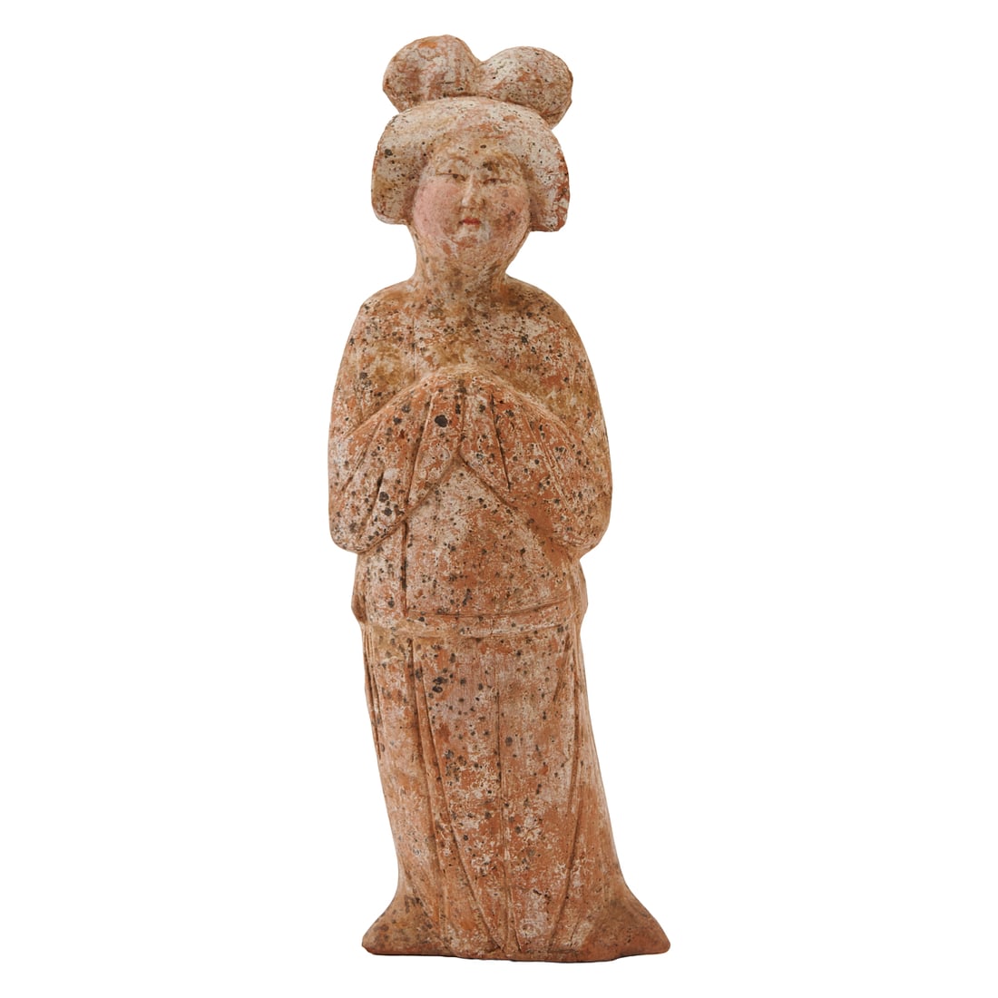Tang Dynasty Painted Pottery Female: A Tang Dynasty Painted Pottery Standing Female Figure ?Accompanied by an Oxford Authentication Thermoluminescence Analysis Report? This Tang dynasty painted pottery standing female figure is