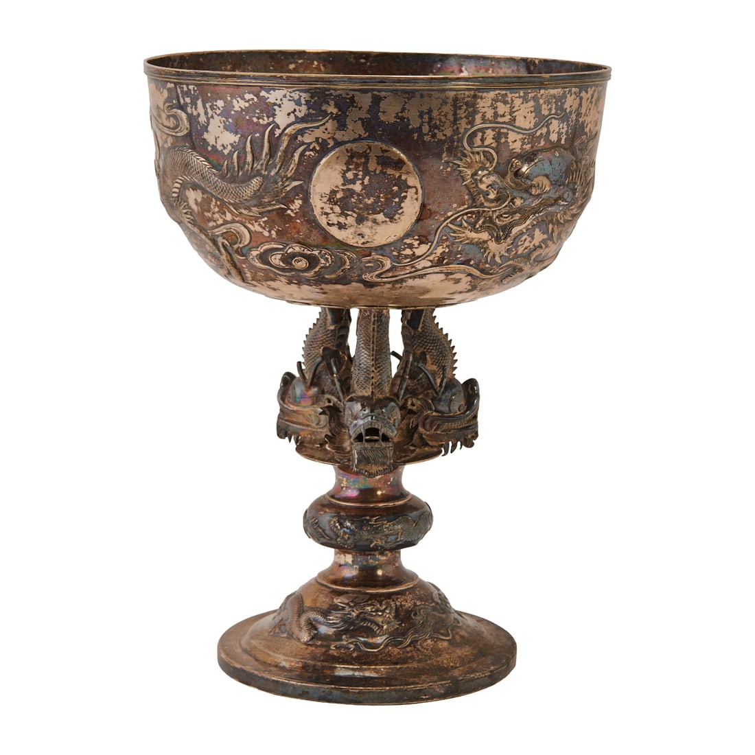 Chinese Silver Bowl: “Chinese Hung Chung” Silver Ceremonial Bowl Kwong Man Shing, Hong Kong Late 19th–Early 20th Century Silver with engraved and repoussé decoration This important Chinese export silver
