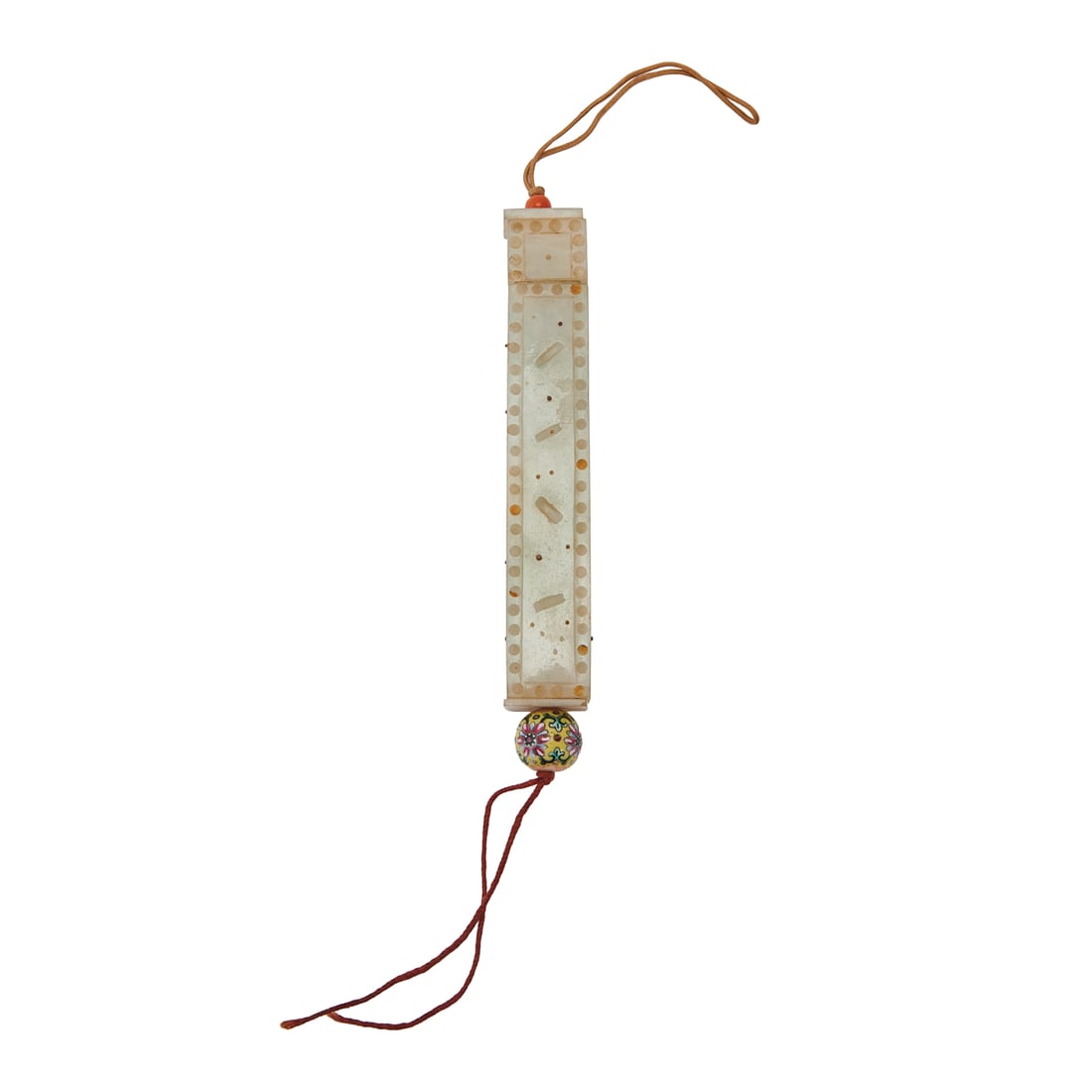 Qing White Jade Box: Chinese White Jade Hanging Incense Tube with Enameled and Coral Beads Qing Dynasty Carved from pale white jade of soft, even tone, the tubular vessel is of elongated rectangular form and hollowed with