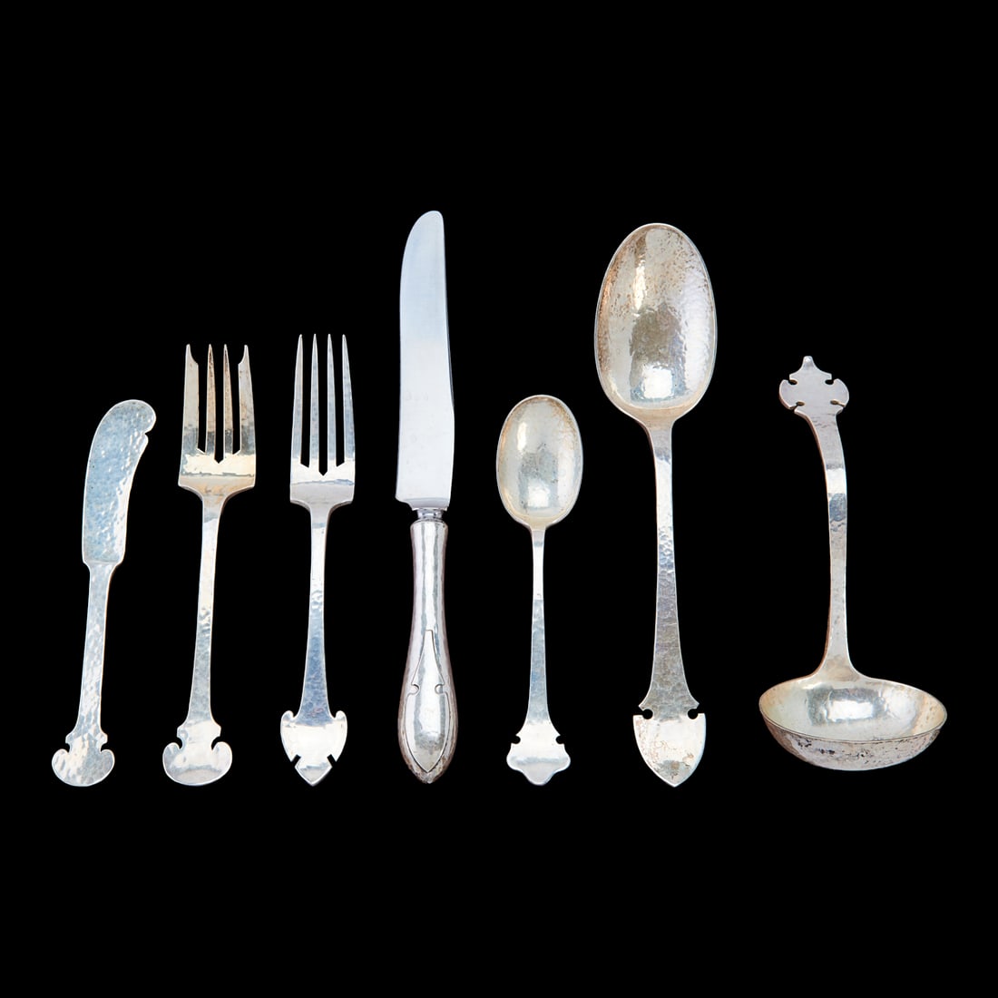 Shreve Sterling Silver Fourteenth Century Pattern Flatware Service, the silver hammered with shield (1 of 5)