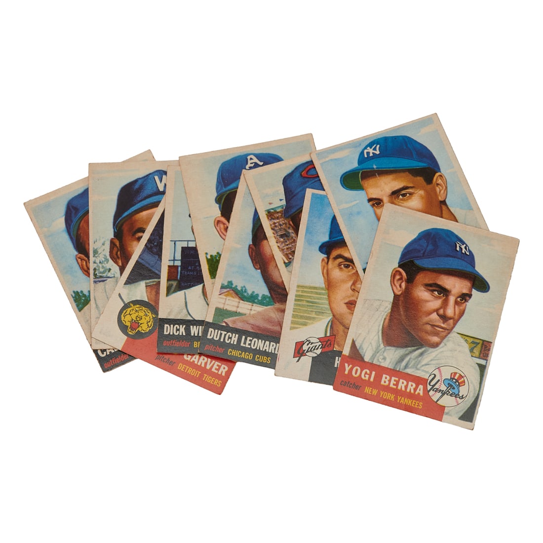 Lot of Ten 1953 Topps Baseball Cards featuring Yogi Berra, Phil Rizzuto, Hoyt Wilhelm, Hank Sauer, (1 of 3)