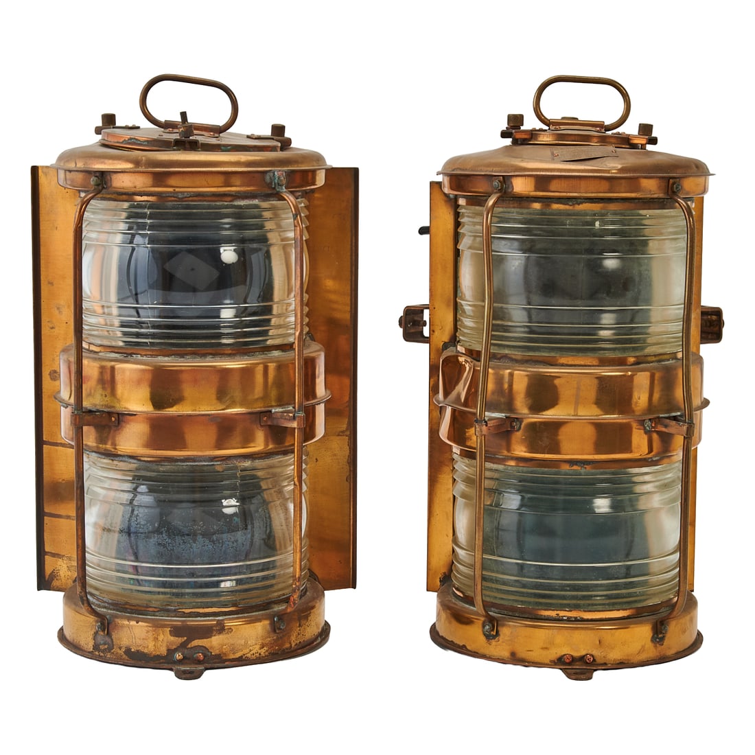 Pair of Japanese Nippon Sento Ship Lanterns, brass, steel and slag glass parts..Several marks to the (1 of 5)