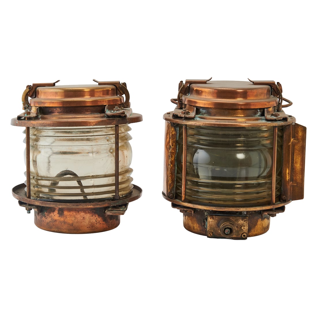 Near Pair of Vintage Copper and Glass Nautical Lanterns.{Approximate dimensions: 12 3/4" high x 11" (1 of 3)