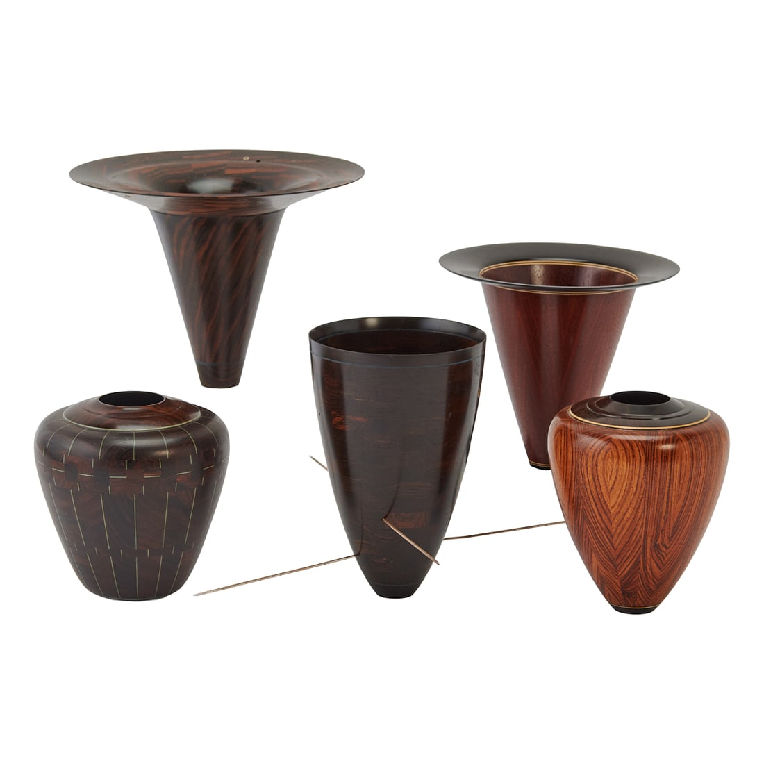 Five Bud Latven Turned and Inlaid Vessels, variously tapering ovoidal, tapering conical, and.two (1 of 7)