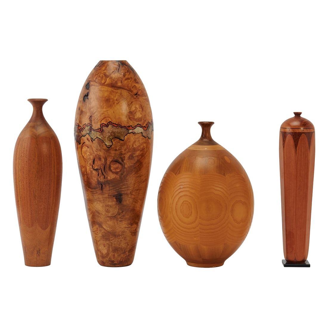 Four Dennis Stewart Turned Wood and Inlaid Vessels, comprising a bottle vase, a bottle vase, (1 of 7)