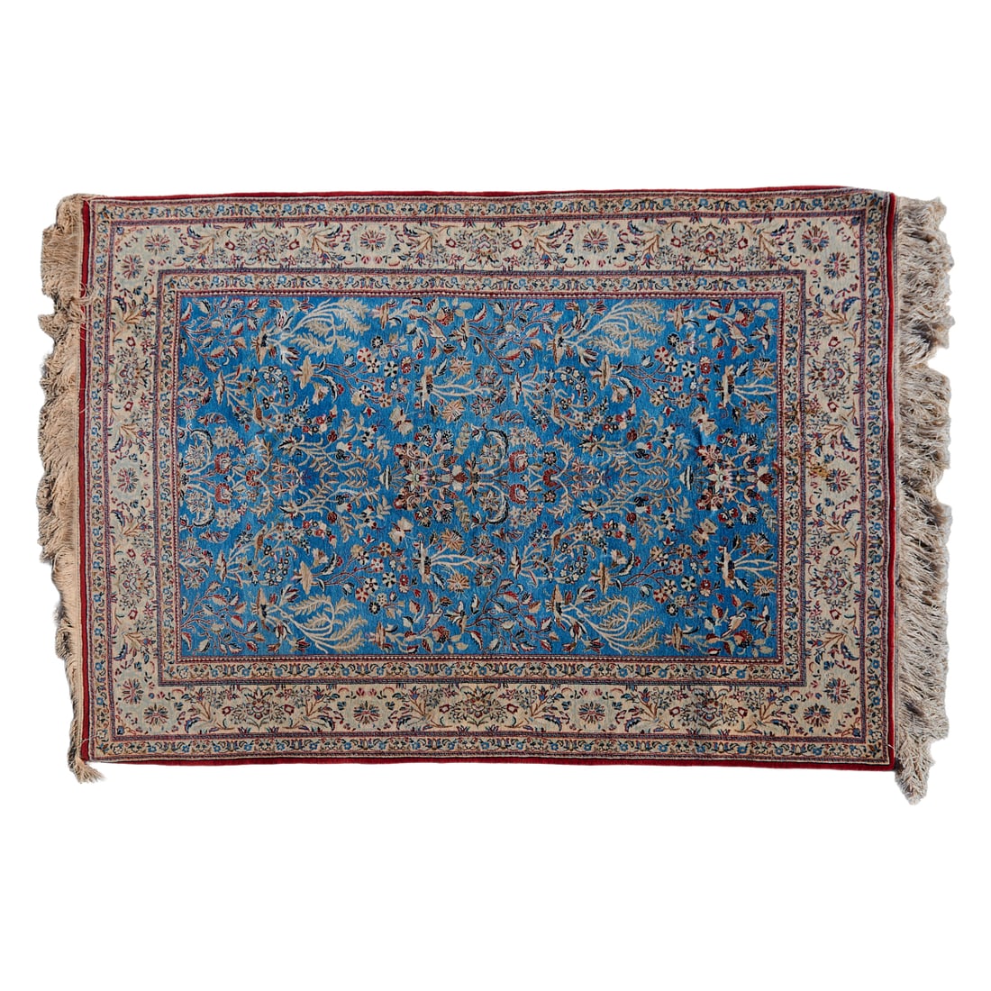 Persian Silk Qum Rug, the blue field densely woven with silk flowers, animals, foliage, in red, (1 of 3)