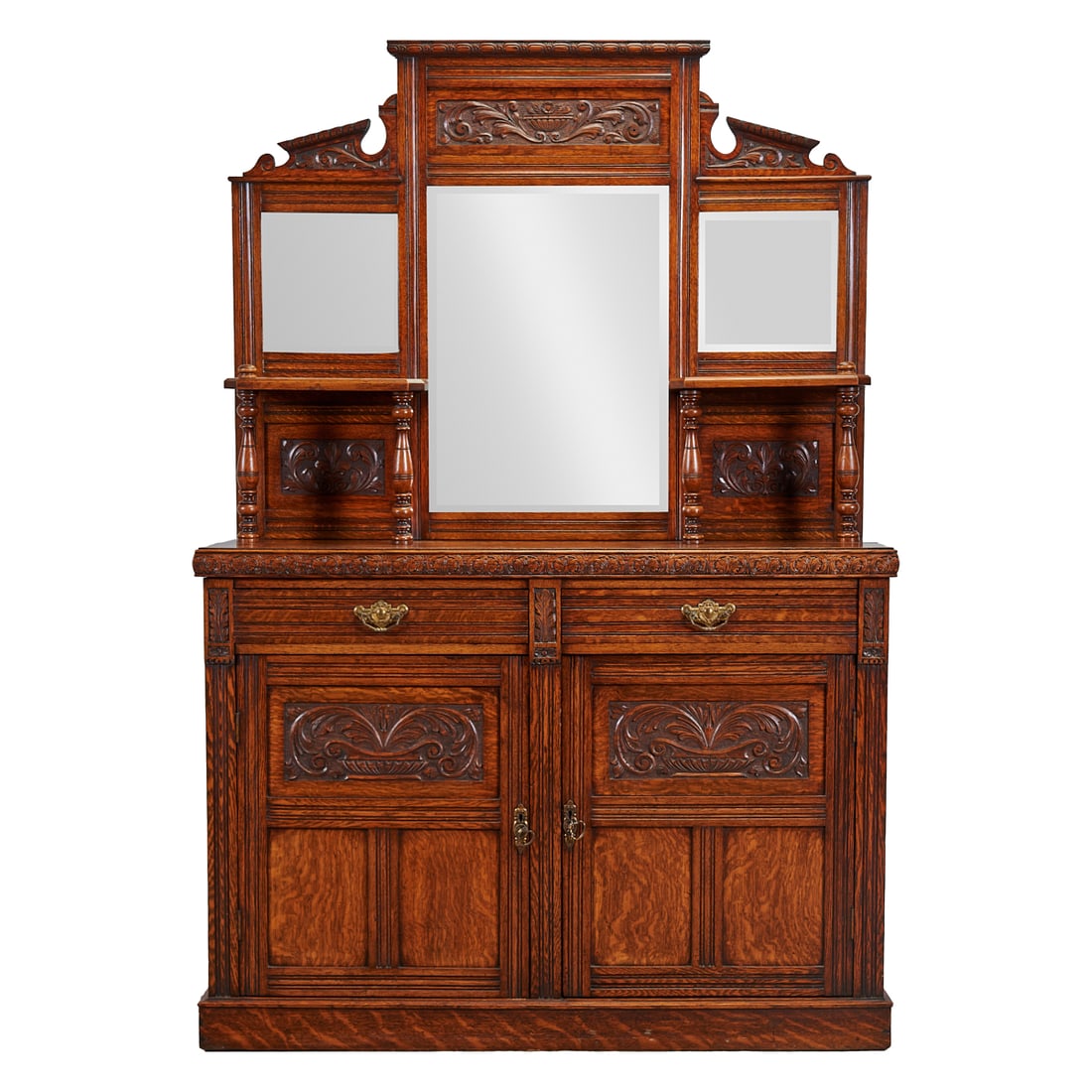 Edwardian Oak and Burl Oak Mirror Back Server in two parts, to top unit, the center crest over (1 of 6)