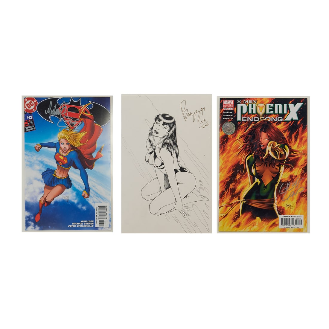 DC Supergirl Cover, X-Men Phoenix Cover, and a Vampirella Pen and Ink Drawing, each signed and (1 of 9)