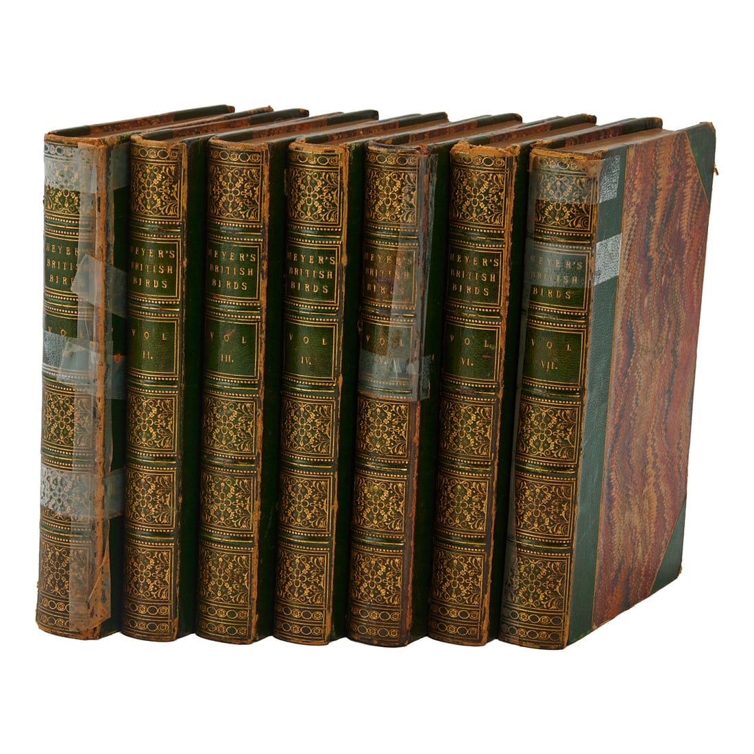 Meyer's British Birds, Seven Leatherbound Volumes Illustrated and Published in London by.Simpkin,: Meyer's British Birds, Seven Leatherbound Volumes Illustrated and Published in London by.Simpkin, Marshall and Co 1844, printed by S. & J. Bentley & Henry Fley, Rangor House, Shoe Lane. Gilt-e