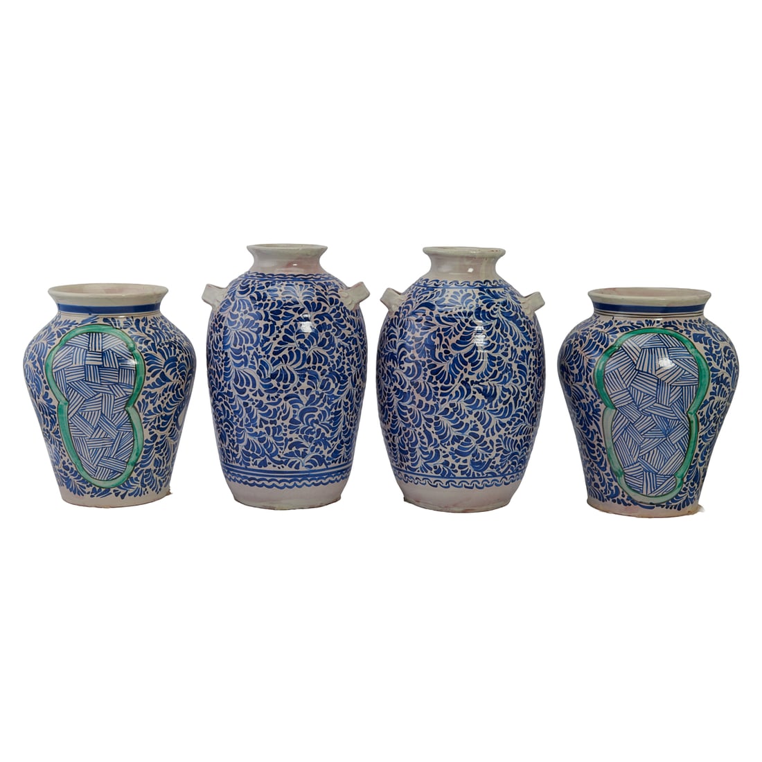 Four Mexican Pottery Earthenware Vases, one pair painted in dense foliate patterns in blue within (1 of 4)
