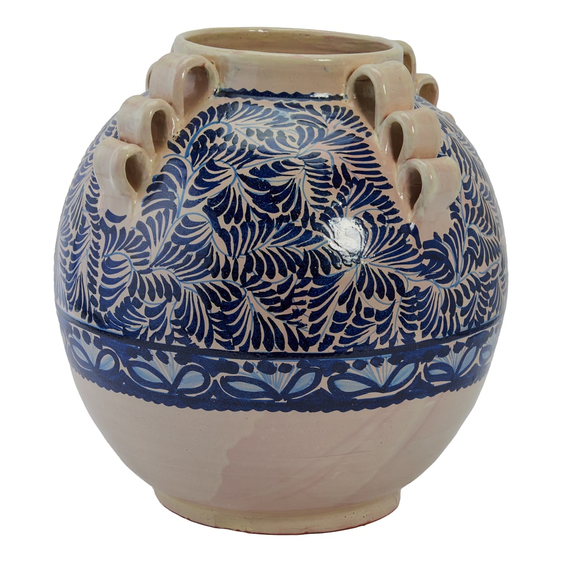 Mexican Talavera Large Globular Olla with Four Handles, the short neck over globular body, with: Mexican Talavera Large Globular Olla with Four Handles, the short neck over globular body, with waisted foot. Four strap handles applied near neck. Glazed in off white, and painted in blue with dense 