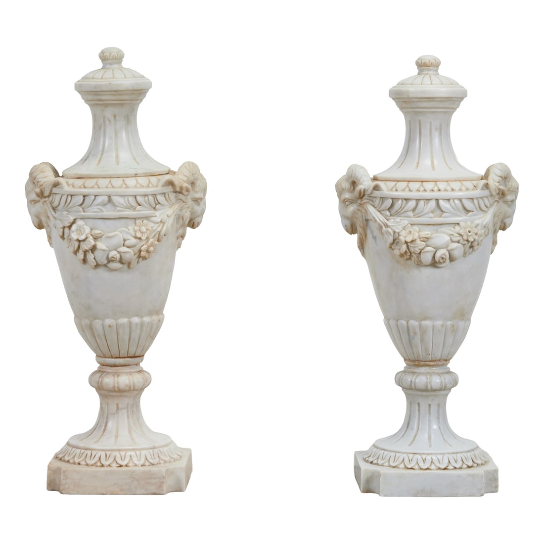Pair of Large Neoclassical Style Marble Urns, each modelled in the manner of a vase with domed (1 of 5)