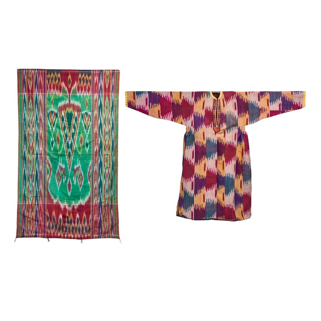 Two Uzbek Silk Ikat Woven Articles: Chapan and Hanging, the silks woven in many colors, and the (1 of 8)