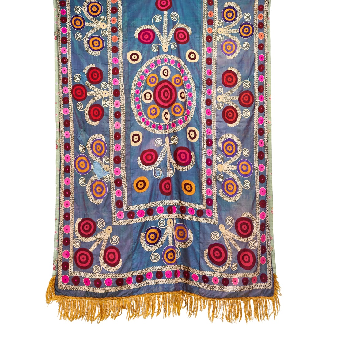 Uzbek Silk Embroidered Suzani., the blue silk fabric embroidered with stylized foliate and floral (1 of 4)